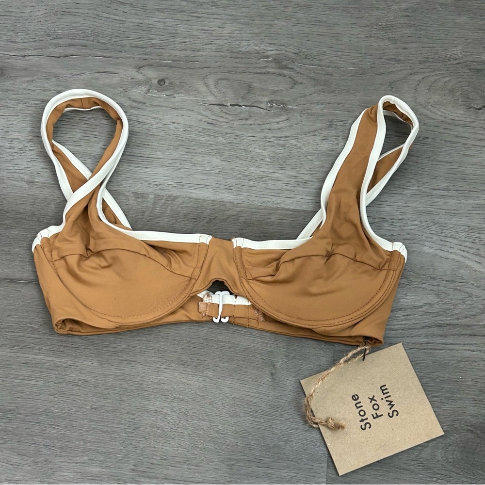 NWT Stone Fox swim Underwire Bikini Top Brown White‎ Swim Size Xs Women’s Tan